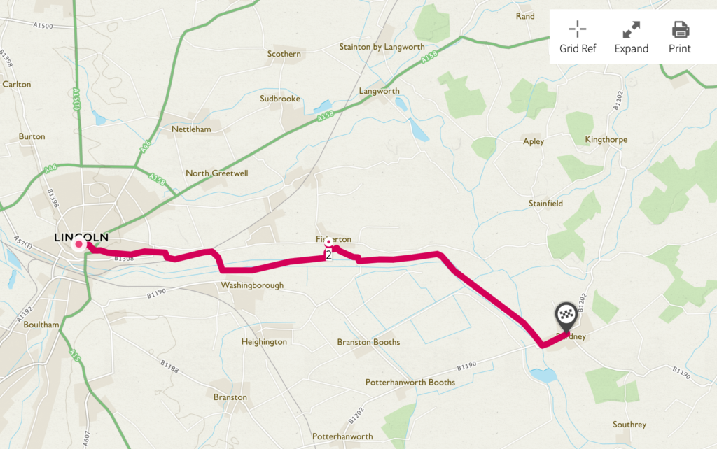 Screen shot of an online Ordnance Survey map showing a footpath route from Bardney westwards to Lincoln