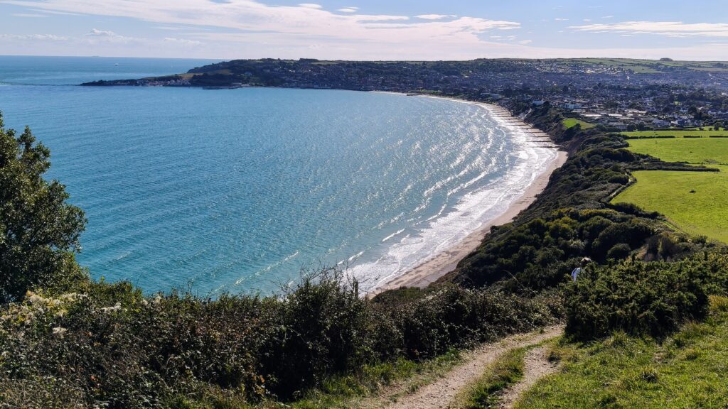 View from higher ground looking down to a bay with sand and lapping waves. The sea is a grey-blue. There is a town in the distance
